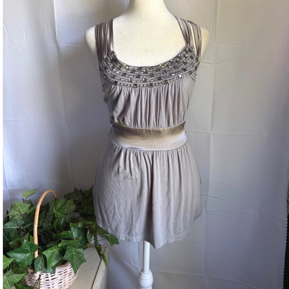 Y2K Club Rhinestone Babydoll Beaded Empire Waist Tunic Top Strappy Woven Back